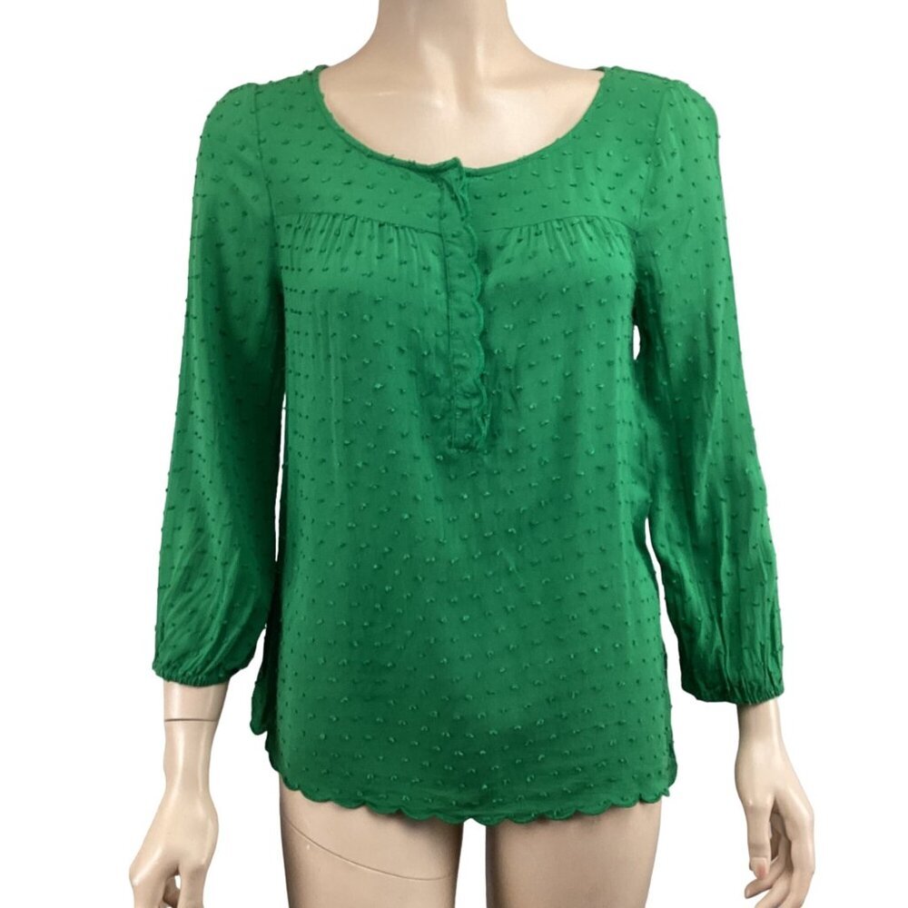 Maeve Anthropologie Scallop Edge Top Size 4  Green Textured Swiss Dot Long Sleev
